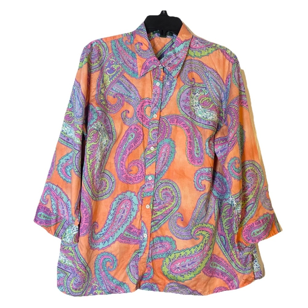 Nwot Lauren Ralph Lauren Button Down Shirt 1X Plus Size Paisley Long Slv Cotton